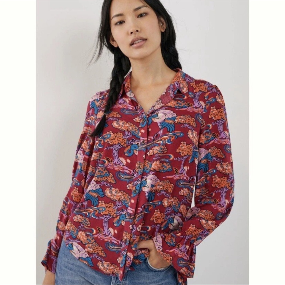 Maeve Anthropologie Top Shirt Womens 4 Red Button Long Sleeve Bonsai Peacock Art